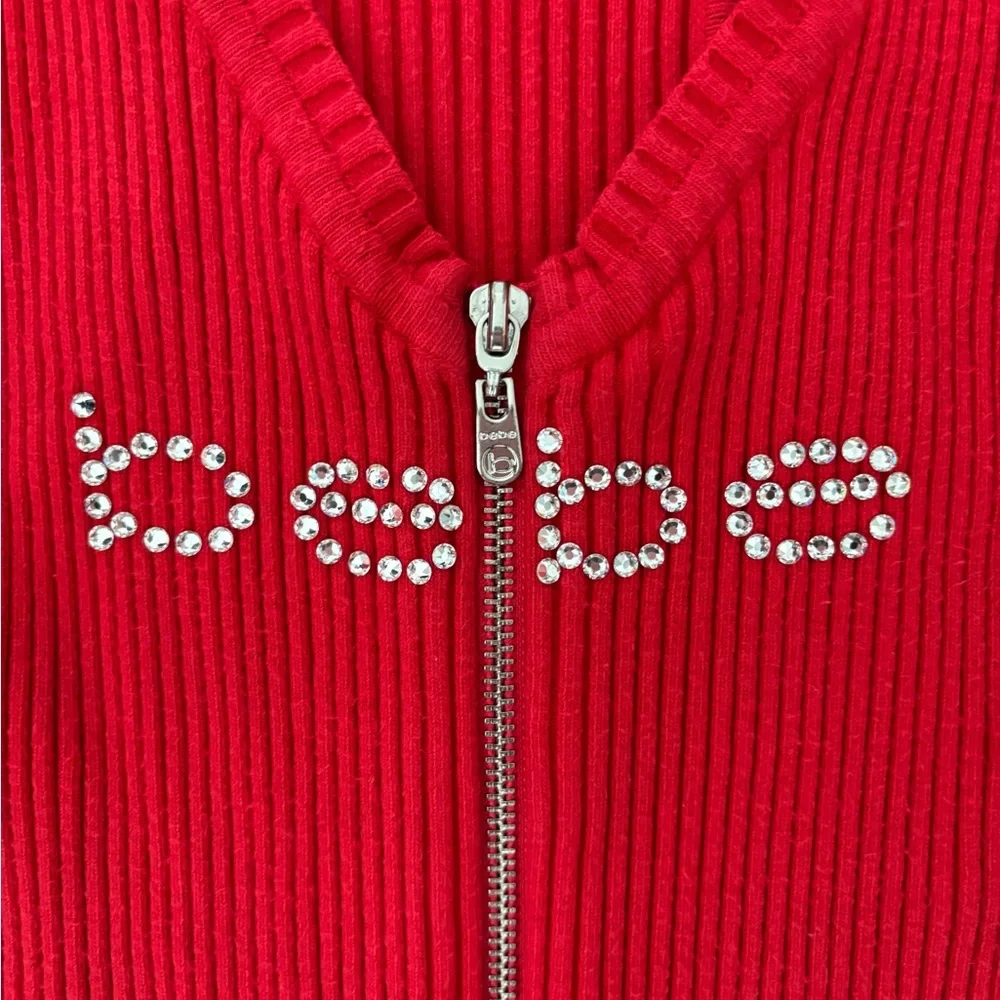 Y2K BEBE Dress Red Swarovski Midi Ribbed Knit Full Zip Women S Hip Hop Boho